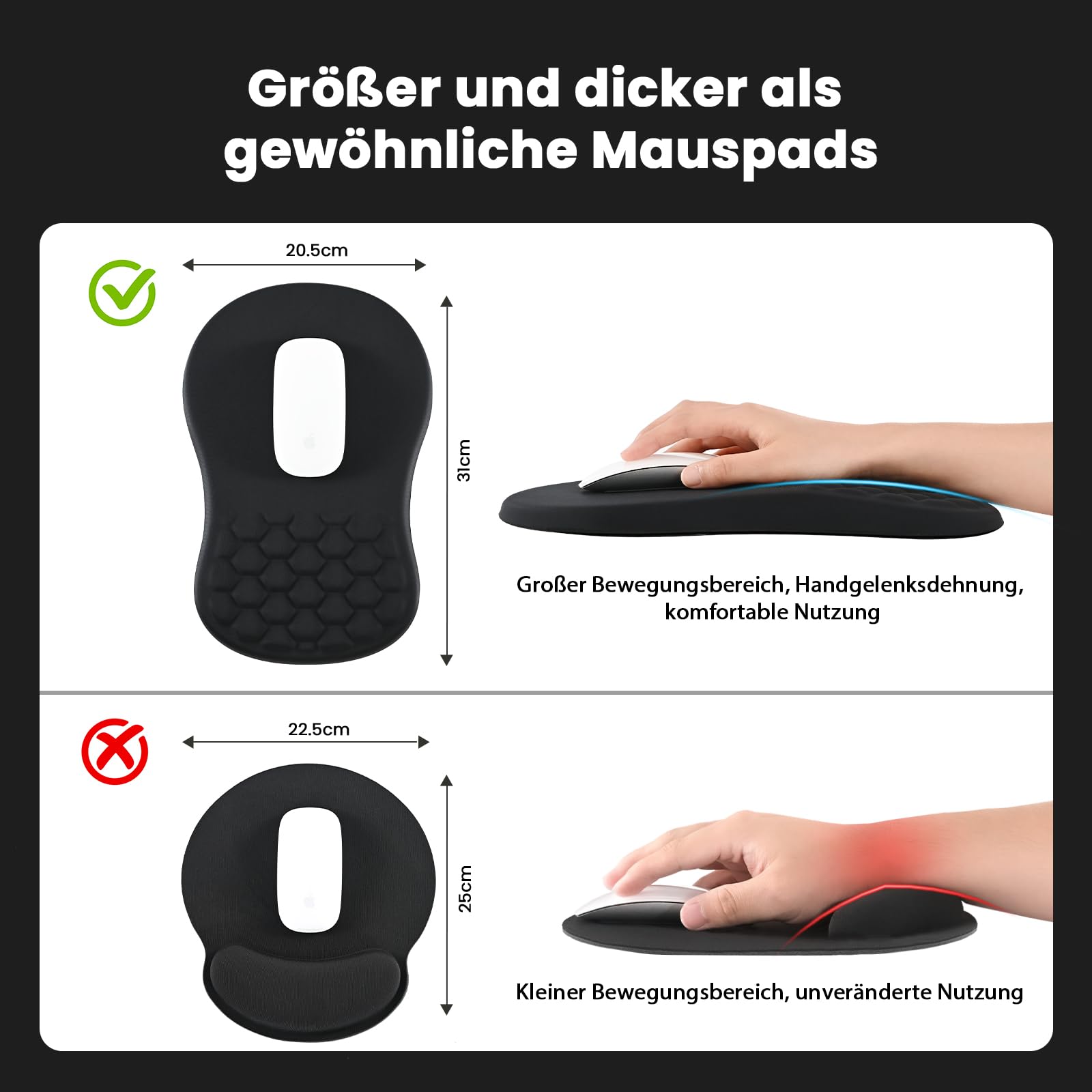 EooCoo Ergonomisches Mauspad, Mousepad mit Handauflage & Massage-Noppen, Gaming Memory-Schaum Mausmatte mit Rutschfester PU-Basis, für Schmerzlinderung, für Alle Maus Laptop, PC (300x200 mm) 4