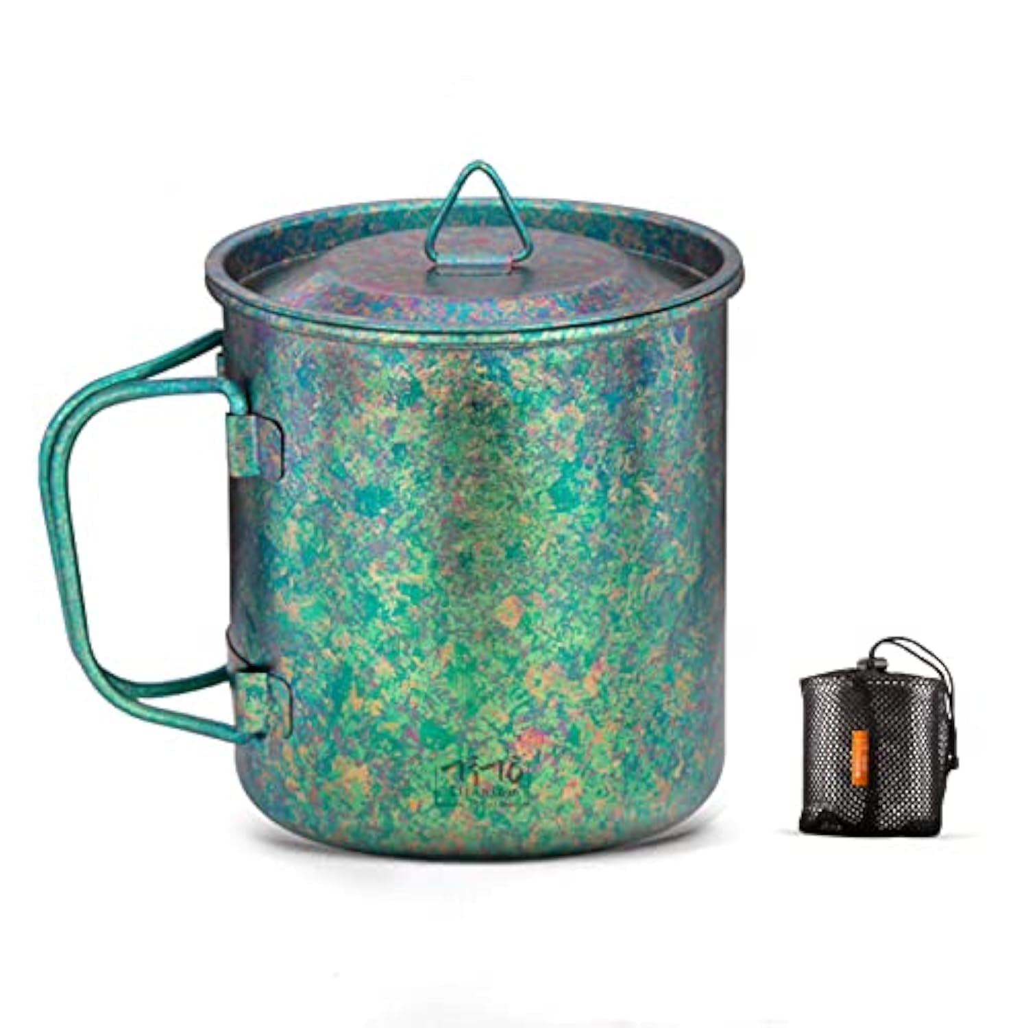 TiTo Titanium Cup Camping Tea Coffee Water Mug Ultralight Portable Cookware 450ml Foldable Handle Titanium Pot with Lid for Outdoor Backpacking Hiking Picnic Drinkware Open Fire (Green)