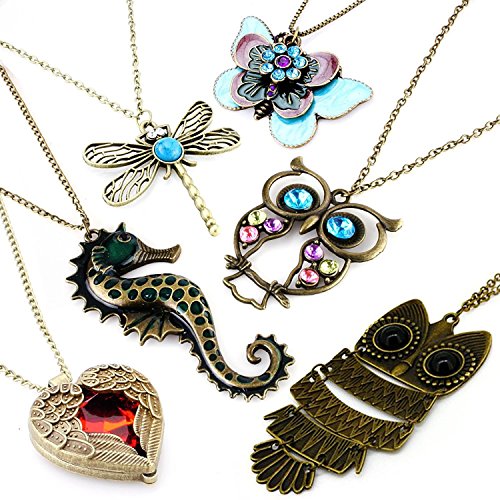 JewelrieShop Vintage Retro Colorful Crystal Owl Pendant Long Chain Necklace with Antiqued Bronze Finish