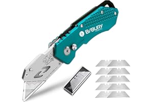 BIBURY Utility Knife, Heavy Duty Folding Box Cutter, Pocket Carpet Cutter Knife with 10 Extra SK5 Stainless Steel Blades, Easy Release Button, Belt Clip, Quick Change and Safety Lock-Green