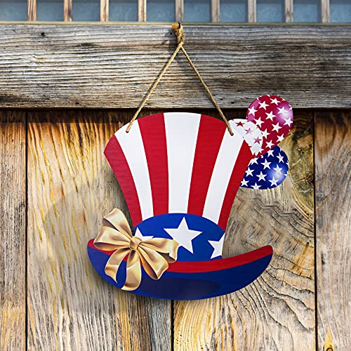4th of July USA Hanging Wooden Door Sign Uncle Sam Patriotic Hat Wall Decor Hanging Wreath Sign Welcome Sign Perfect For Independence Day Memorial Day Patriotic Decoration Farmhouse,Porch,Garden,Front Door（11.8 X 11.8 inch)