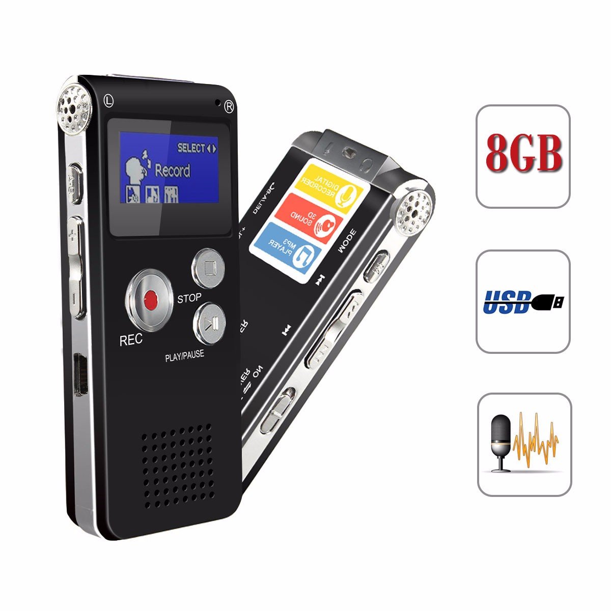 Grabadora de Voz ELEGIANT Digital Display OLED GB USB MP Reproductor Dictáfono