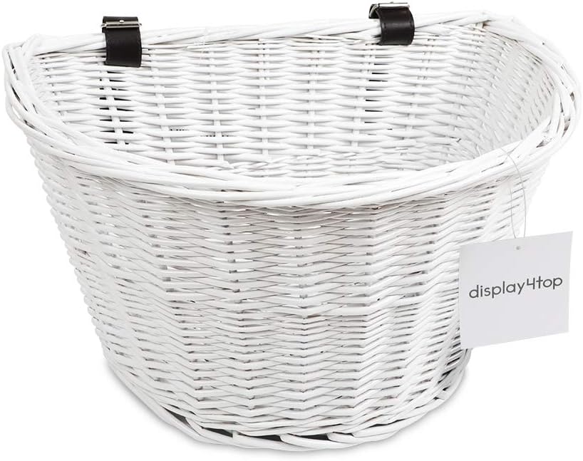Display4top Handmade Retro White Wicker Bicycle Basket with Brown Leather Straps