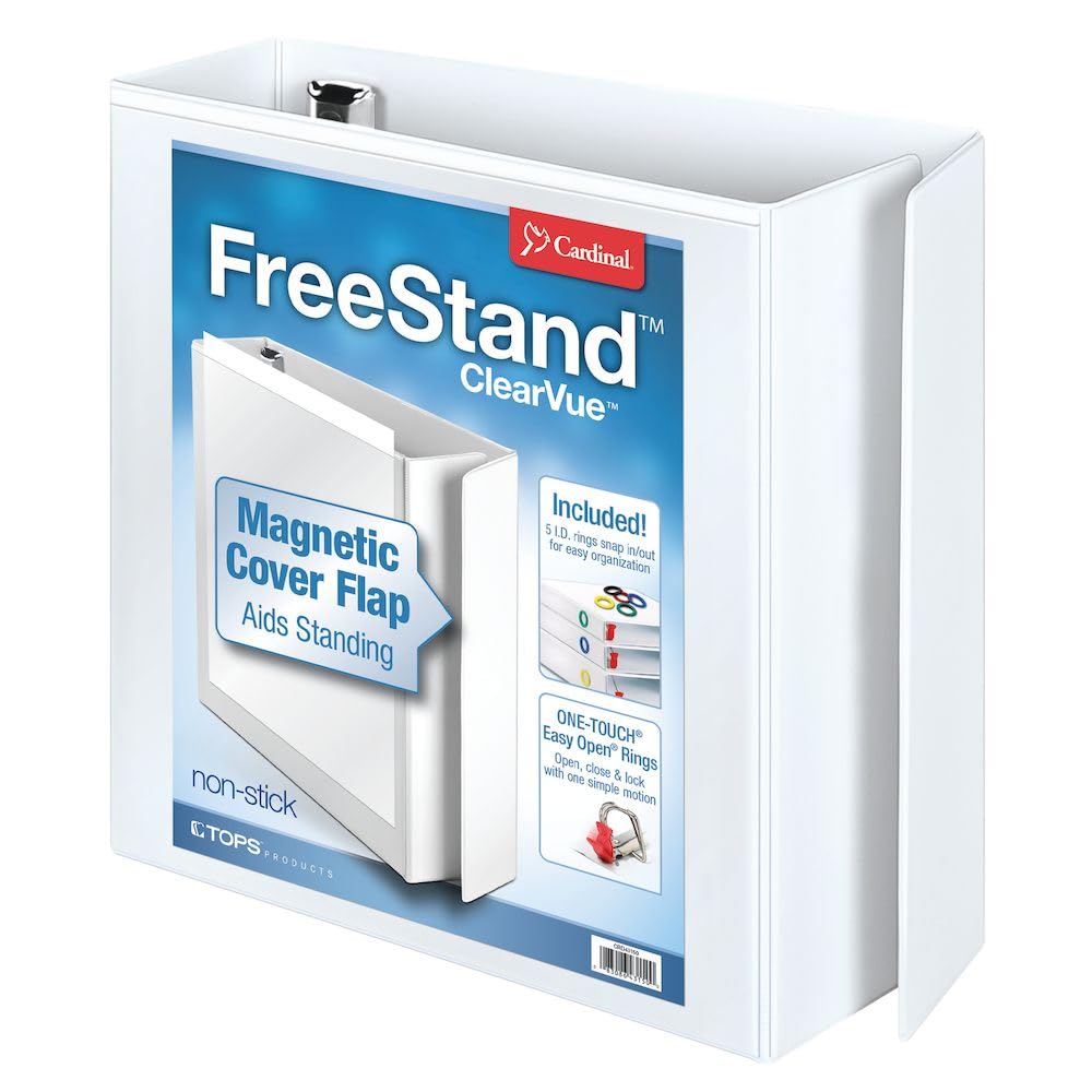 Cardinal 3 Ring Binder, 3 Inch FreeStand Binder with Magnetic Cover Flap, Shelf Pull and 5 Color-Coded Rings, ONE-Touch Easy Open Locking Slant-D Rings, Holds 650 Sheets, White