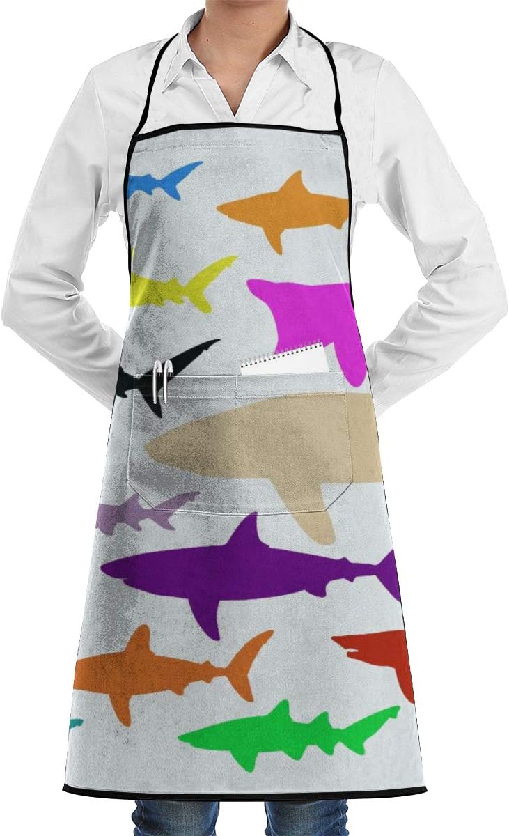 Colorful Ocean Shark Apron Lace Unisex Mens Womens Chef Adjustable Polyester Long Full Black Cooking Kitchen Aprons Bib with Pockets for Restaurant Baking Crafting Gardening BBQ Grill