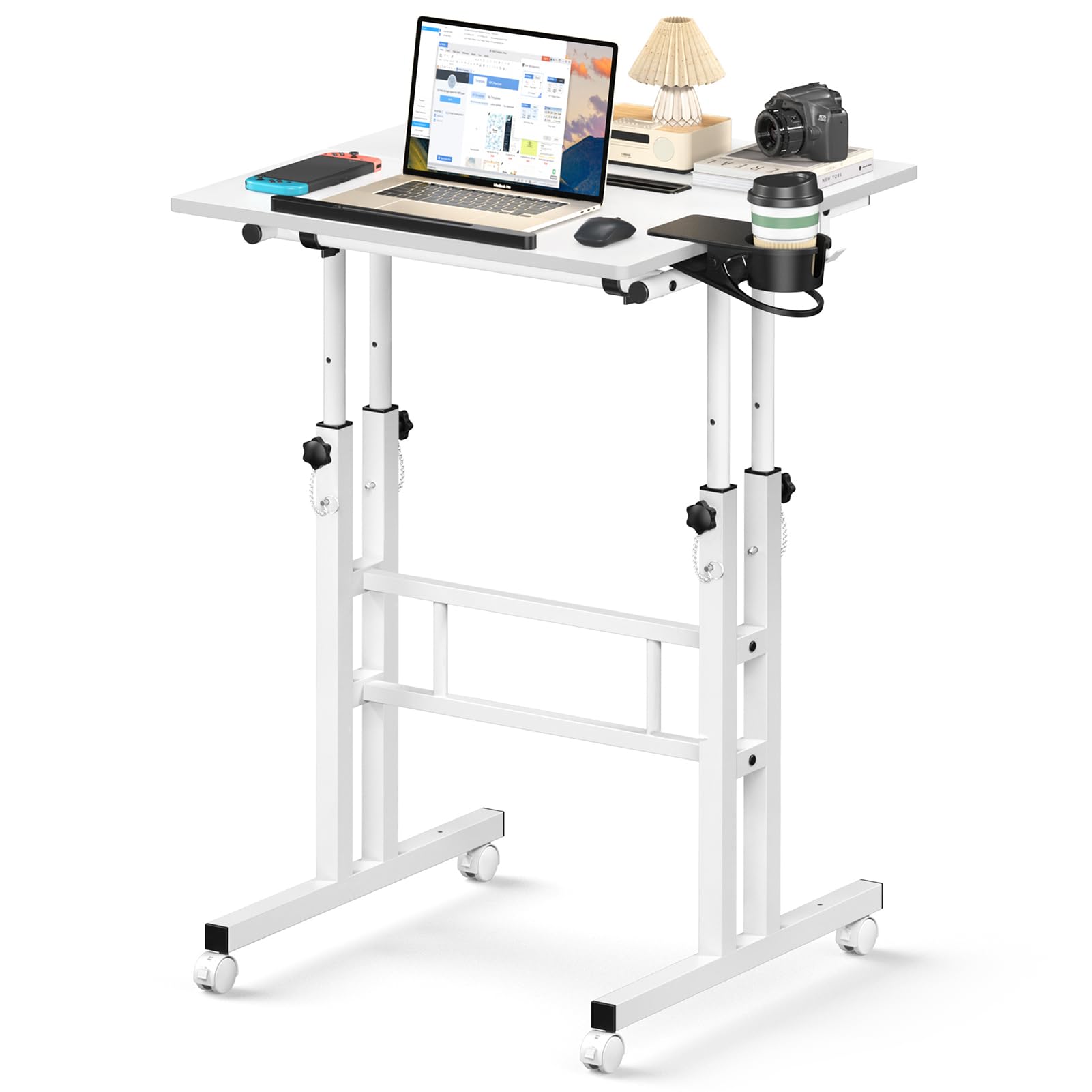 Enayplon Small Standing Desk with Wheels, Mobile Stand Up Desk, Portable Standing Table on Wheels for Walking Pad, Rolling Computer Desk Adjustable Height, Tall Table