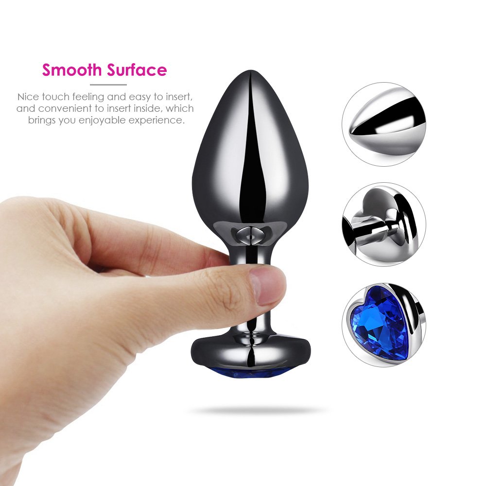 Zinc Alloy Anal Plug, Metal Luxury Heart Shaped Decoration Design Butt Anal Plug for Women Men and Couples (Deep Blue, 34mm x 85mm)