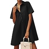 Wenrine Womens Oversized Shirt Button Mini Dress Short Sleeve Casual Collared V Neck Summer Flowy Dresses