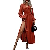 Women's Cocktail Holiday Spring Wedding Guest Dresses Deep V Neck Long Sleeve Split Polyester Caramel Formal Casual