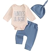 SAYOO Aunties Bestie Baby Clothes Gender Neutral Unisex Funny Letter Bodysuit Romper Solid Leggings Pants Hat 3Pcs Outfits