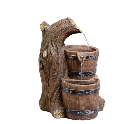 KEOA 3-Step-Indoor Tischplatten Zimmerbrunnen, Kunstharz kleines Holzfass Springbrunnen mit LED Beleuchtung Luftbefeuchter De