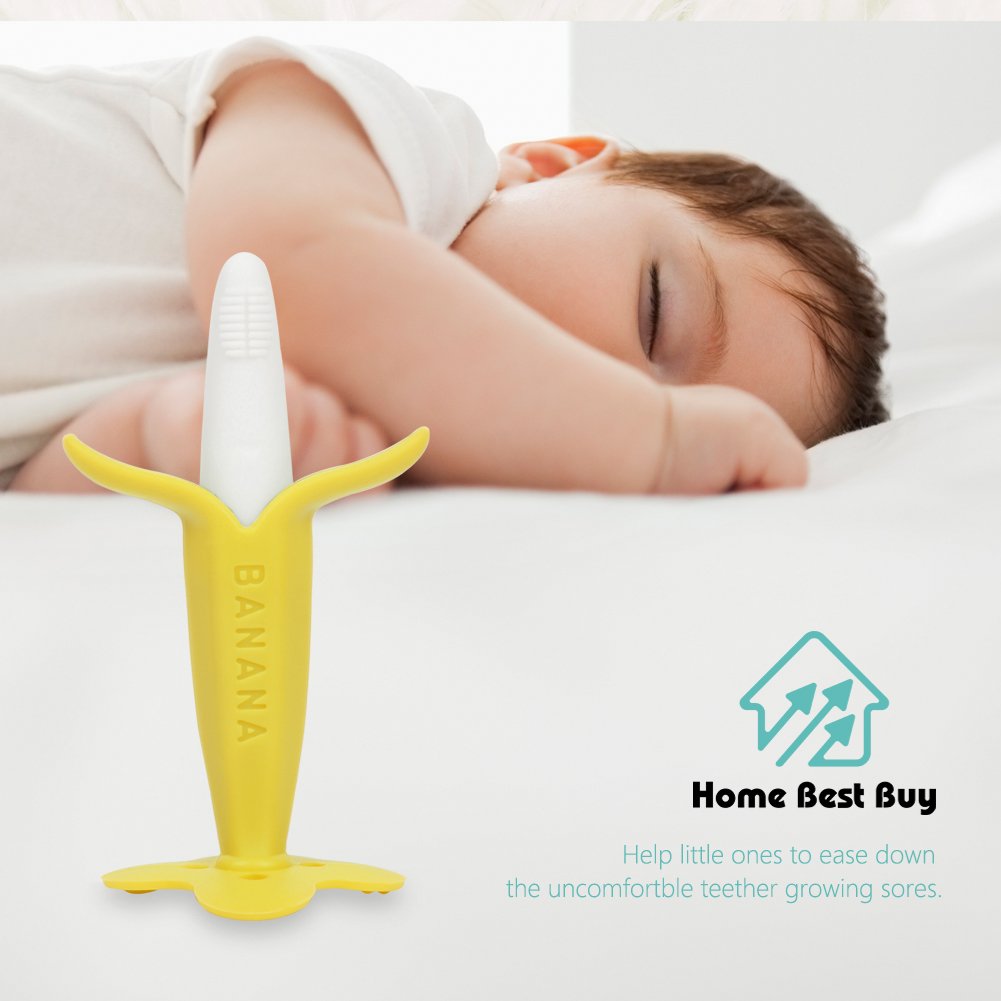 Home Best Buy Baby Toothbrush Banana Teether Teething Toys Chewable Silicone Teethers with Standing Base BPA-Free FDA Approved