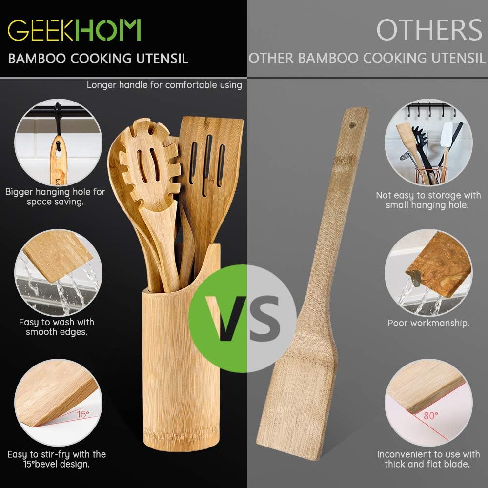 GEEKHOM Bamboo Cooking Utensils with Holder, 7 Pieces Extra Large Wooden Kitchen Utensils Set, Heat Resistant Wood Spoons Turners Spatulas for Nonstick Cookware, Kitchen Flippers for Pancake Egg Fish: Kitchen & Dining