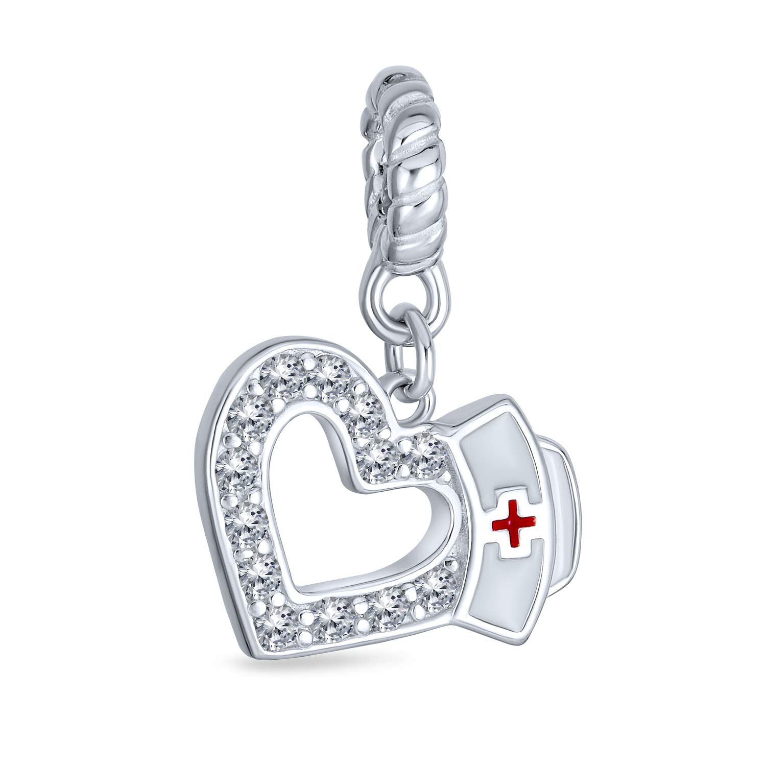 Bling Jewelry Caduceus RN Nurse Hat Cap Heart Shape Graduate Crystal CZ Dangle Bead Charm White Enamel .925 Sterling Silver Fits European Bracelet
