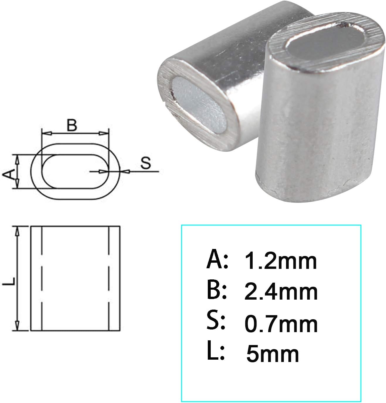 Futheda 100 pcs Aluminum Crimping Loop Sleeve Clips Oval Shaped for 1.0mm Cable Wire Rope Silver Tone - Image 5
