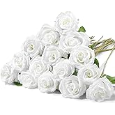 Hotop 20 Pcs Artificial Rose Flowers with Long Stem,Real Touch Silk Realistic Plastic Bouquet Roses Bulk for Home Decor Bridal Wedding Party Table Centerpieces Decorations(Pure White)