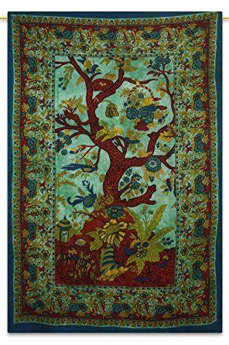 Tree Of Life Bohemian Tapestry Hippie Cotton Green Twin Wall Art 84X56 Indian Gift