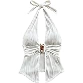 Verdusa Women's Beaded Halter Top Rave Club Date Night Tops Slit Tie Backless Festival Outfits