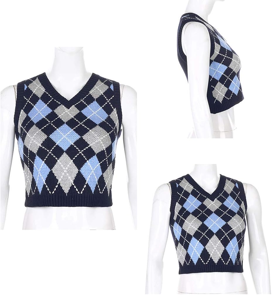 Grneric Women Argyle Preppy Style Sweater Vest Sleeveless V Neck Knitwear Knit Tank Top at  Women’s Clothing store