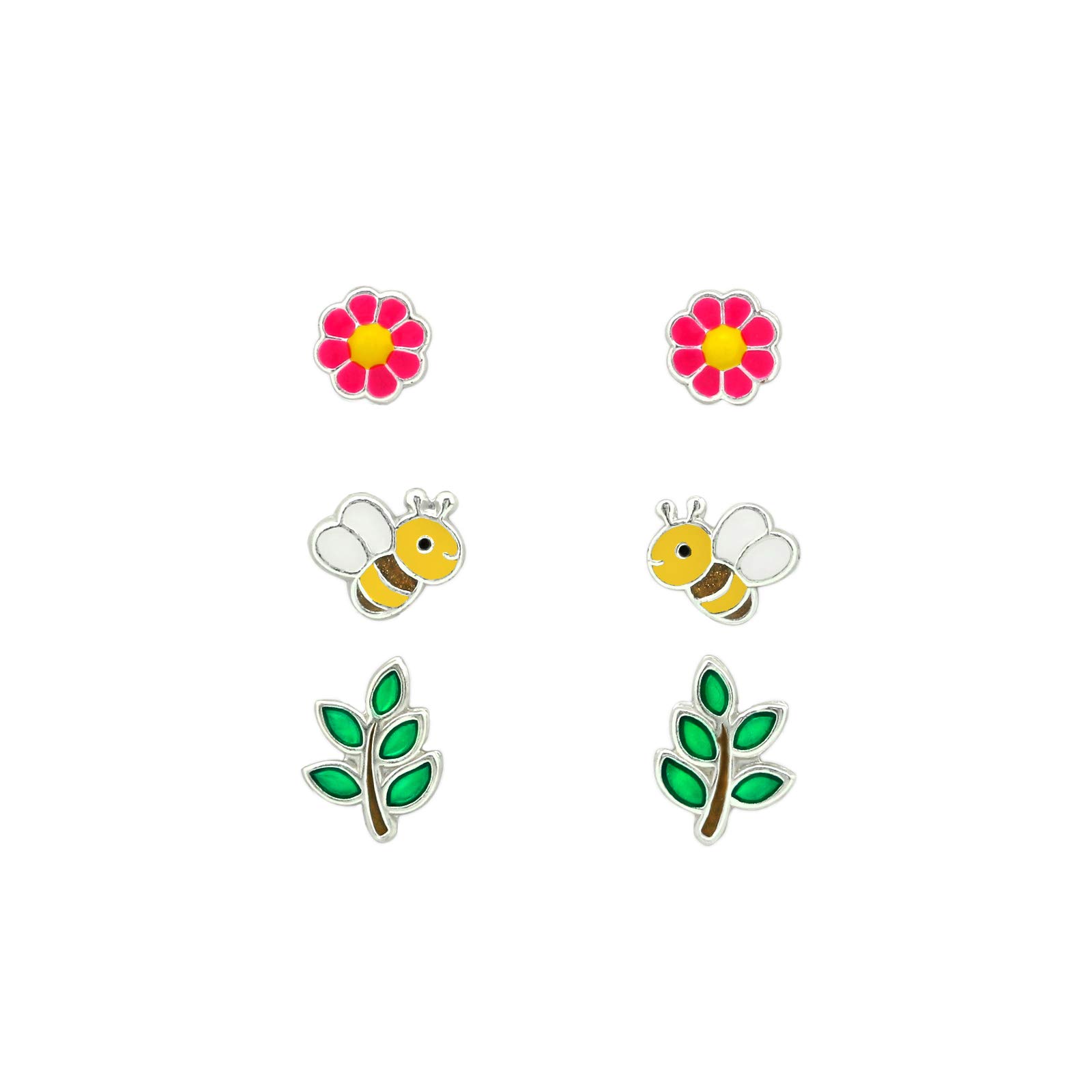 The Rose & Silver Company Girls 925 Sterling Silver Flower Bee Branch Stud Earrings Set