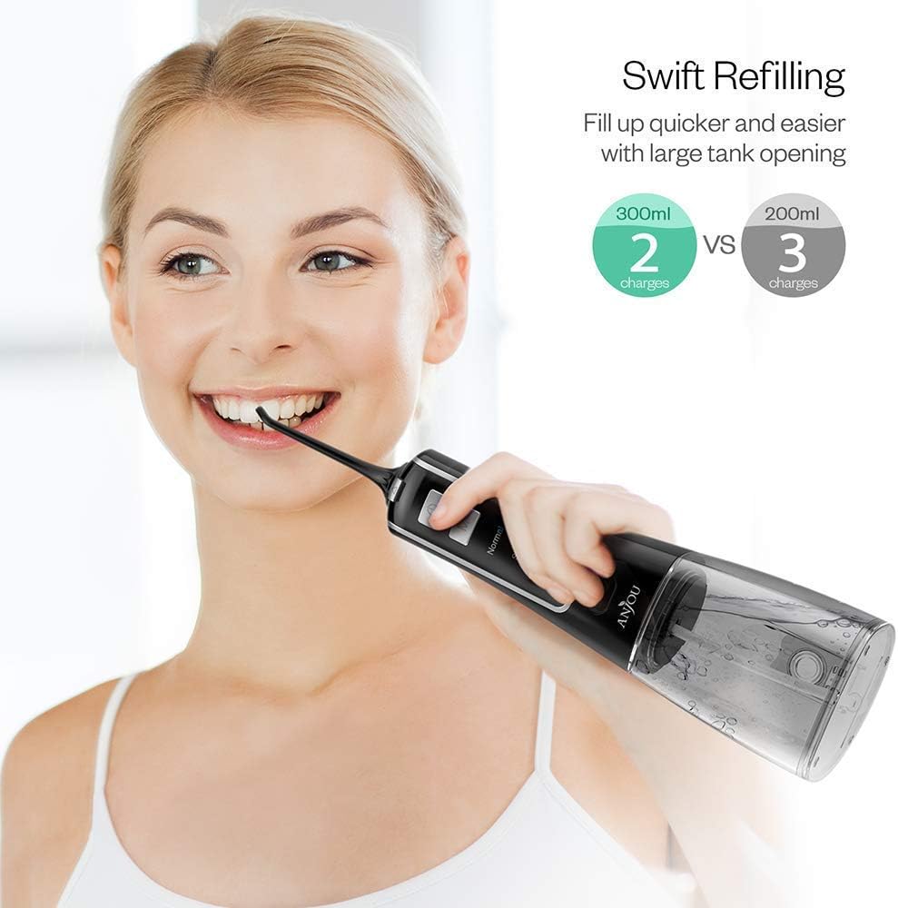 Water Flosser Cordless for Teeth, Anjou 300ML Professional Dental Oral Irrigator, Portable and Rechargeable IPX7 Waterproof Powerful Battery Life Teeth Cleaner for Home Travel, Braces and Bridges Care: Health & Personal Care
