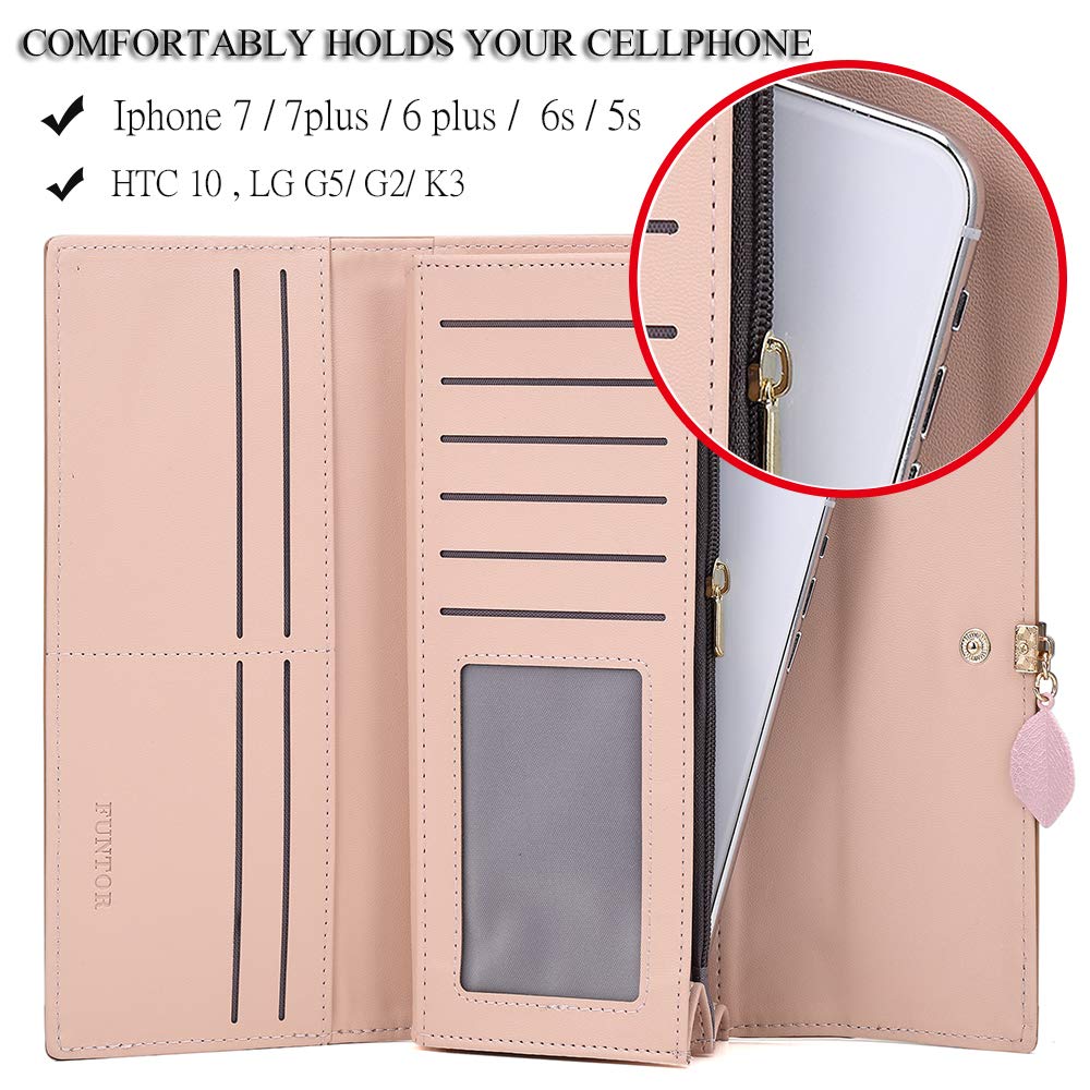 FT Funtor RFID Wallets for Women, Leaf Card Holder Trifold Ladies Wallets Coins Zipper Pocket with ID Window Large Wine Red