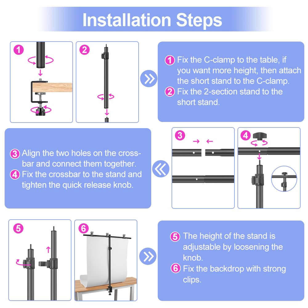Small Backdrop Stand 3x3.3ft, Adjustable Photo Backdrop Stand Kit with 3 Clamps, Portable Background Stand Support for Parties Photoshoot, Table T-Shape Backdrop Banner Holder for Photography Paper