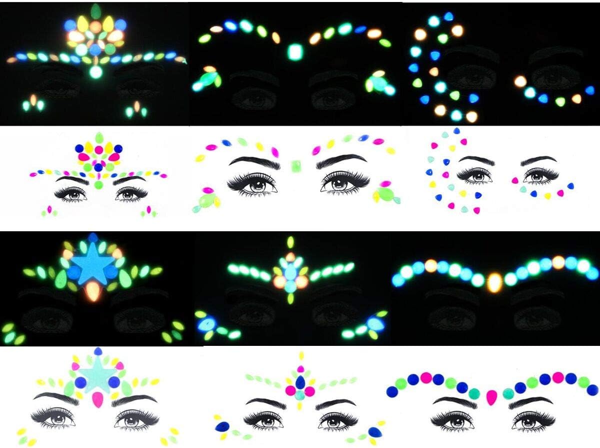 Luminous Face Gems Glow in the Dark Face Jewels Face tattoo Sticker Rainbow Bindis Headpiece Body Temporary Tattoo Art for Halloween Cosplay Party Beauty Makeup 6 Pack