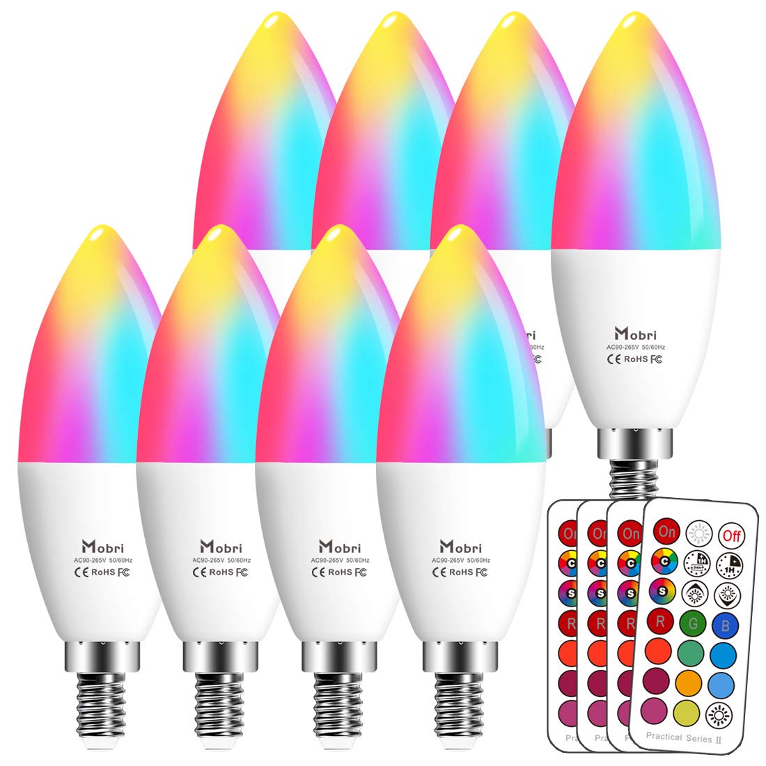 Mobri E14 Candle LED Light Bulbs, 5W Colour Changing with Remote Control, 40W Equivalent Small Edison Screw, RGB+Warm White (2700K), 8 Pack