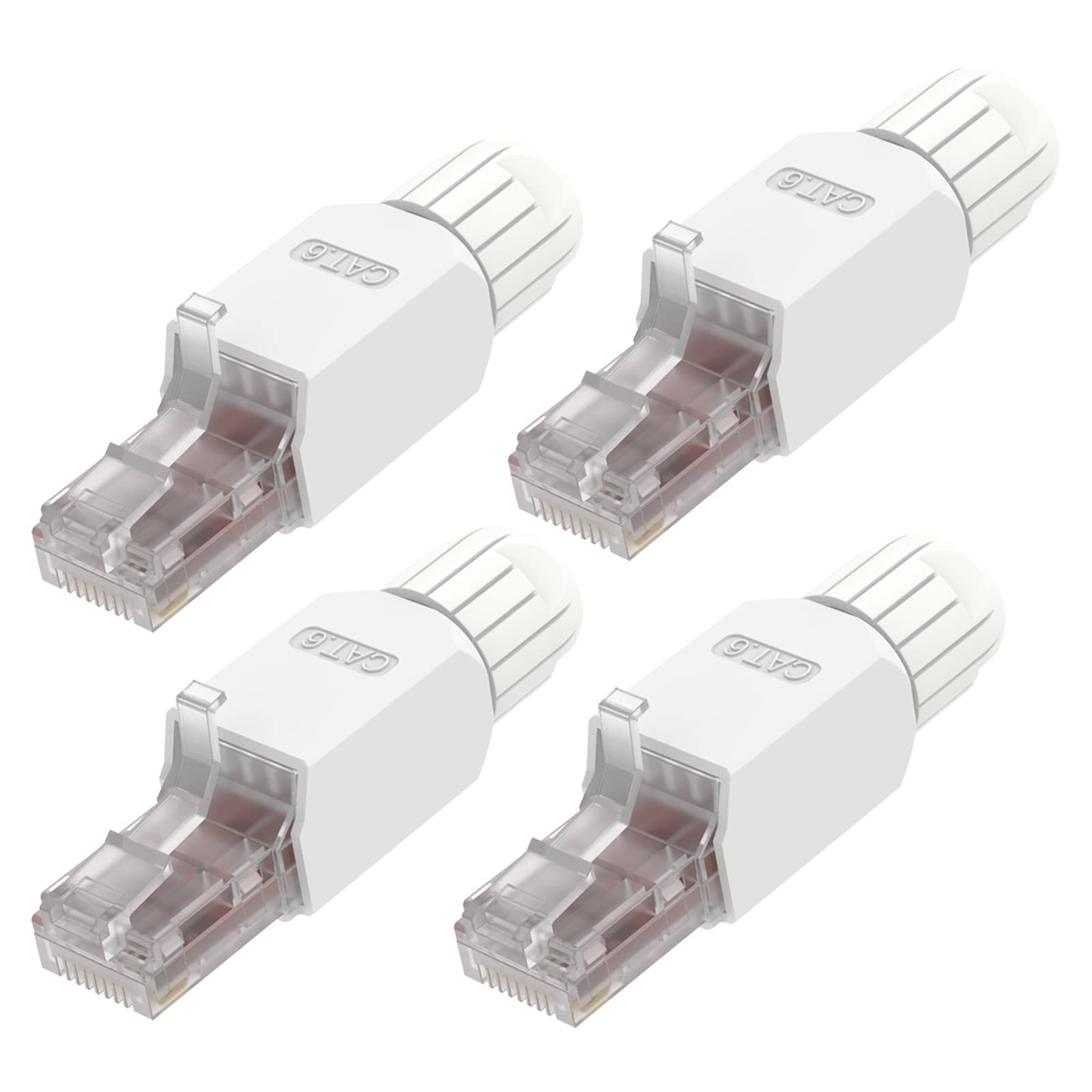 VCELINK Cat6 Tool-Free RJ45 Connector, 1000 Mbps/250 MHz, Reusable UTP Gold-Plated Ethernet Plug for 23-26 AWG Network Cable, PoE Toolless Ethernet Modular Plug, White, 4 Pack