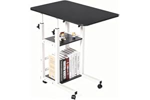 Height Adjustable C Shaped End Table with Wheels, Mobile Laptop Side Table with Storage Shelves, 3-Tier Sofa Couch Table for 