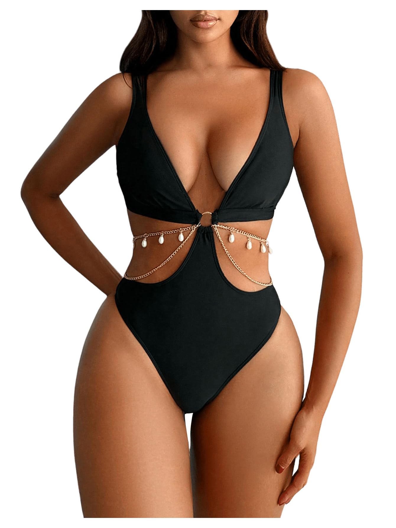 Photo 1 of OYOANGLE Women's One Piece Swimsuit Ring Linked Cut Out Bathing Suit High Cut Swimwear Black Large