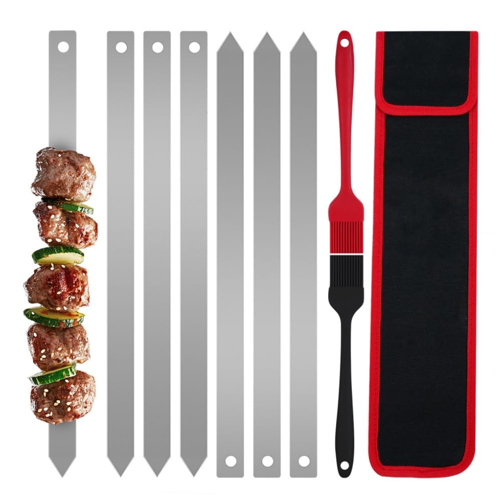 BBQ Barbecue Skewers, 6 PCS Stainless Steel Flat Wide Barbecue Skewers, Reusable Flat Metal Skewers, with Bag, Metal Kebab Sticks BBQ Skewers, for Outdoor BBQ, Family Party, Shish Kabob