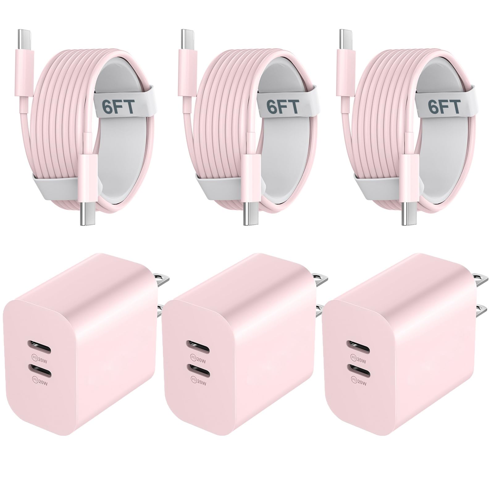 Fast Charger Block, 20W Dual Port USB C Fast Charger Block with 6FT Long USB C to C Charging Cable Cord for Phone 17 16 15 Pro Max/17 16 15 Pro/17 16 15/16 15 Plus-Pink