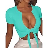 BORIFLORS Women's Sexy Tie Up Crop Top Short Sleeve Deep V Neck Casual Basic T Shirt