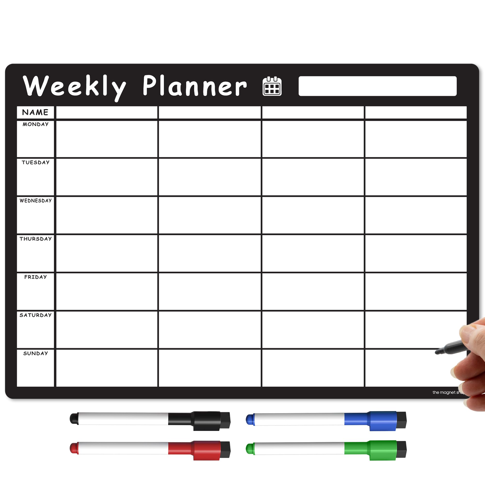 TMS Magnetic Weekly Planner and Organiser A3 | Fully Customisable Whiteboard for Family or Business Tasks and Meal Planning | with 4 Free Magnetic Dry Wipe Pen (Bold Black, A3) โ image 1