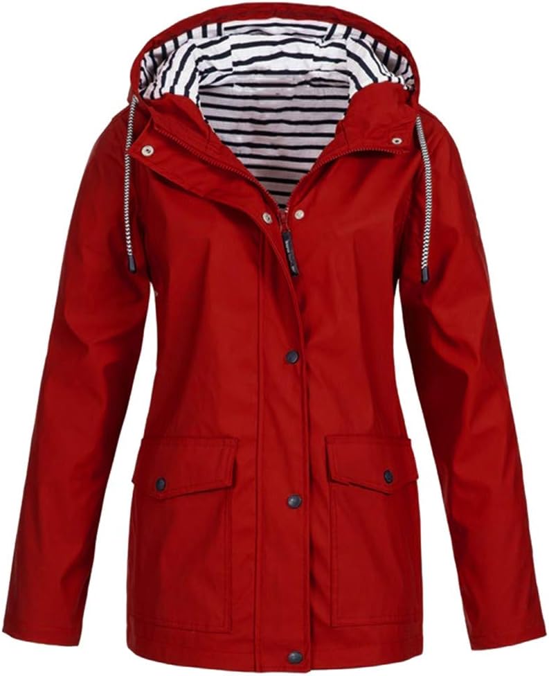 Womens Solid Rain Jacket Outdoor Plus Waterproof Hooded Raincoat Windproof Jacket