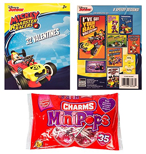Disney Mickey And The Roadster Racers 32 Valentine Cards and Charms Lollipops MiniPops Classroom Exchange Bundle For Kids