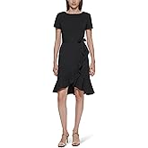 Calvin Klein Women's Short Sleeve Ruffle Hem Faux Wrap Crepe Mini Dress