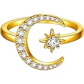 beautlace Star and Moon Adjustable Rings 18K Gold/Silver/Black Gun Plated Crescent Moon Stars Open Ring Jewelry for Women KR0032