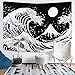 Japanese Wave Tapestry - Kanagawa Great Wave Wall Art With Sun, Black and White for Room