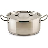 Winco 8 qt Stainless Steel Brazier Pan with Lid | Flat bottom, Wide base, Riveted handles, Induction safe, Great for Braising, Simmering, Batch Cooking and Restaurant Kitchens