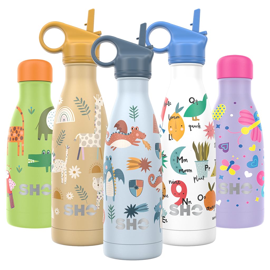 SHO Kids Bottle - Original 2.0 - Ultimate Insulated, Double Walled Stainless Steel Vacuum Flask & Water Bottle - 12 Hours Hot & 24 Hours Cold - 260ml - BPA Free (375ml, Dragons with Straw Lid)