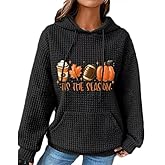 Chvity Women's Pullover Sweatshirt Drawstring Tis The Season Pumpkin Printed Waffle Hoodie Long Sleeve Tops with Pocket