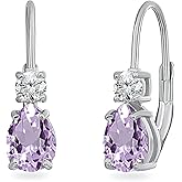 Tiny Birthstone Earrings for Women, CZ & 7x5mm Pear Genuine or Synthetic Gemstone, Sterling Silver Leverback Huggie Drop Earrings for Women Bridesmaids