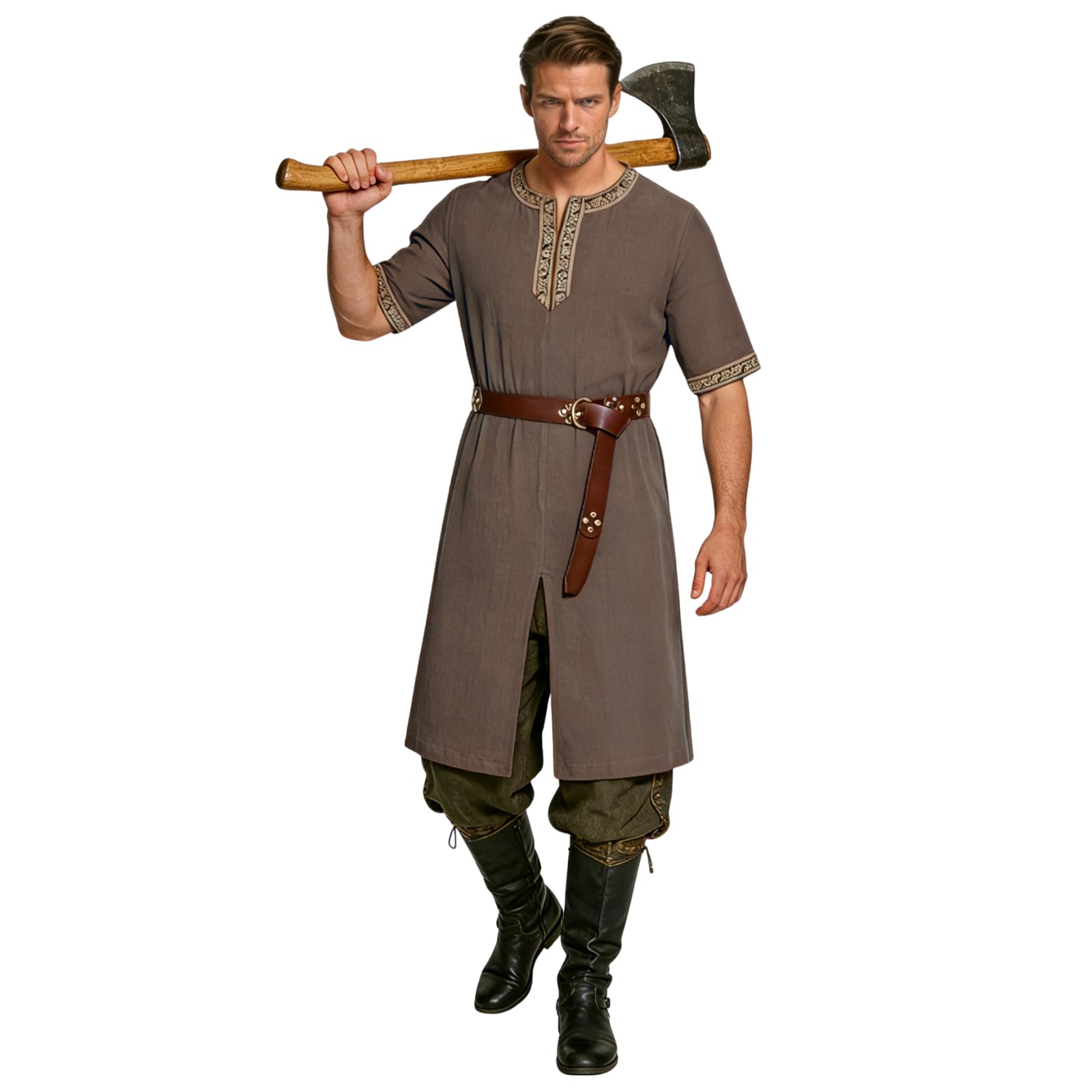 maxToonrain 2 Pcs Men's Medieval Tunic with Renaissance Belt 195CM Viking Knight Costume for Halloween Theme Party Larp Resurrection Sunday Ancient Greek Day (Brown, Small)
