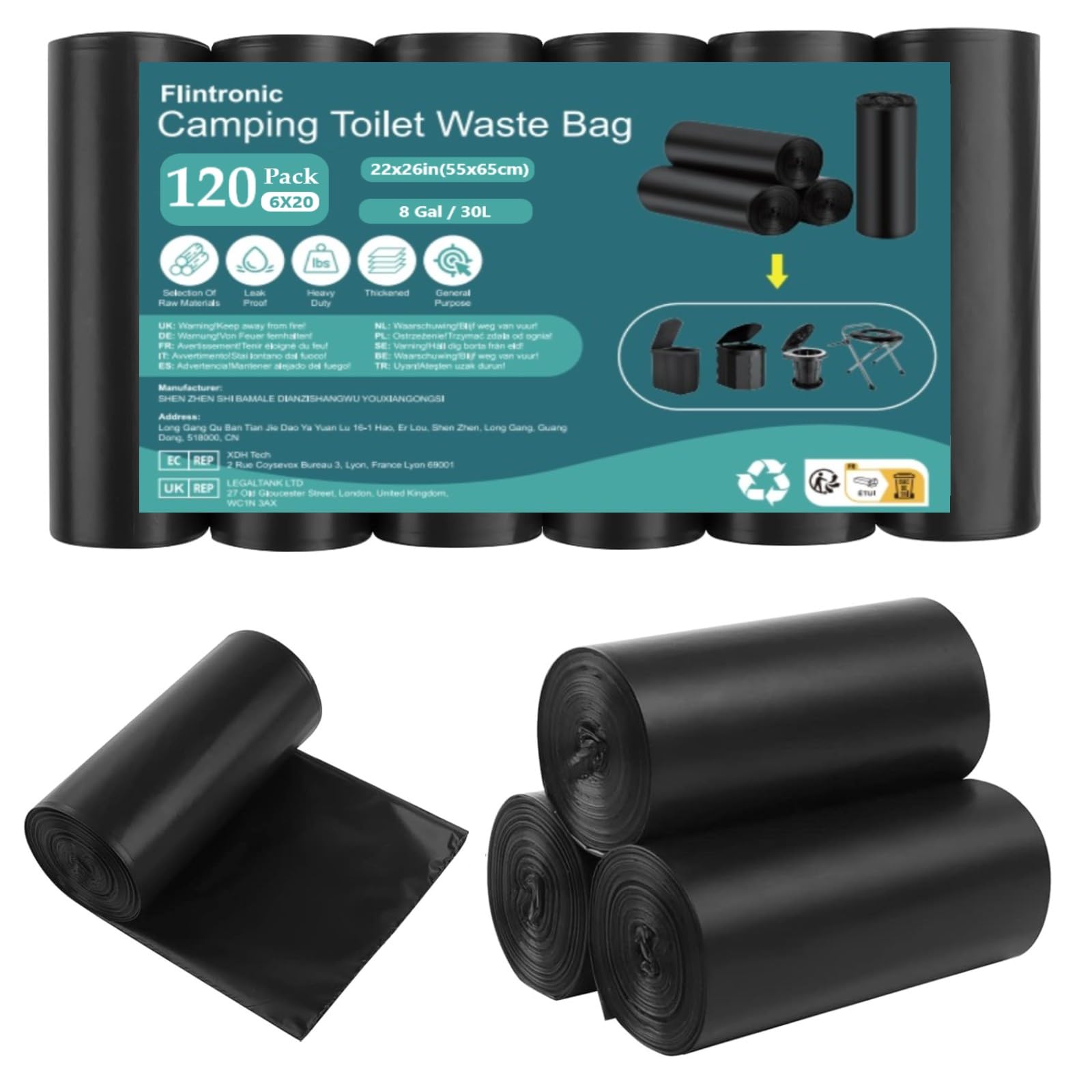 flintronic Camping Toilet Bags, 120 PCS (6 Roll) Camping Toilet Liner Bags, Portable Toilet Bags, Waterproof Camp Trash Bags for Camping, Hiking, Travel, Kitchen, Home