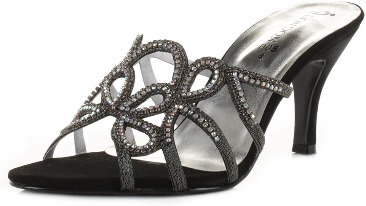 Womens Mid Heel Diamante Mules Elegant Evening Sandals Laides Prom