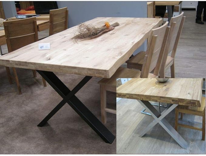 Esstisch Eiche Baumkante Lamelle 160x100cm X-Gestell Edelstahlfarben