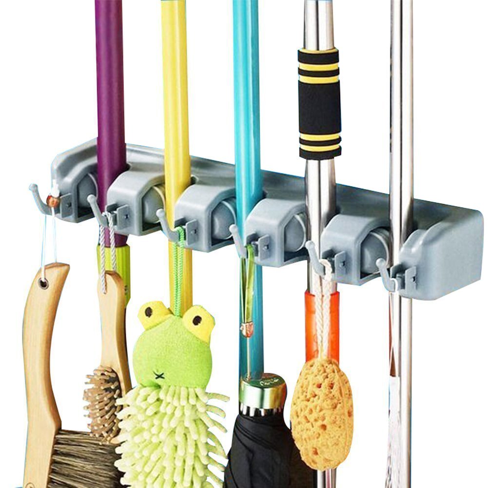 DayBuy Mop and Broom Holder Wall Closet Mounted with 5 Position and 6 Hooks Organizer Rakes Automatic Handle Grips Household Tool and Garage Storage Organization Racks